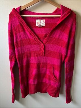 OP Pink and Red Striped V-Neck Hooded Sweater